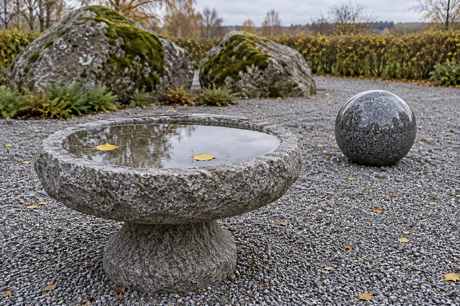 Vogeltränke aus Granit mit Regenwasser, dahinter eine polierte Granitkugel und bemooste Findlinge