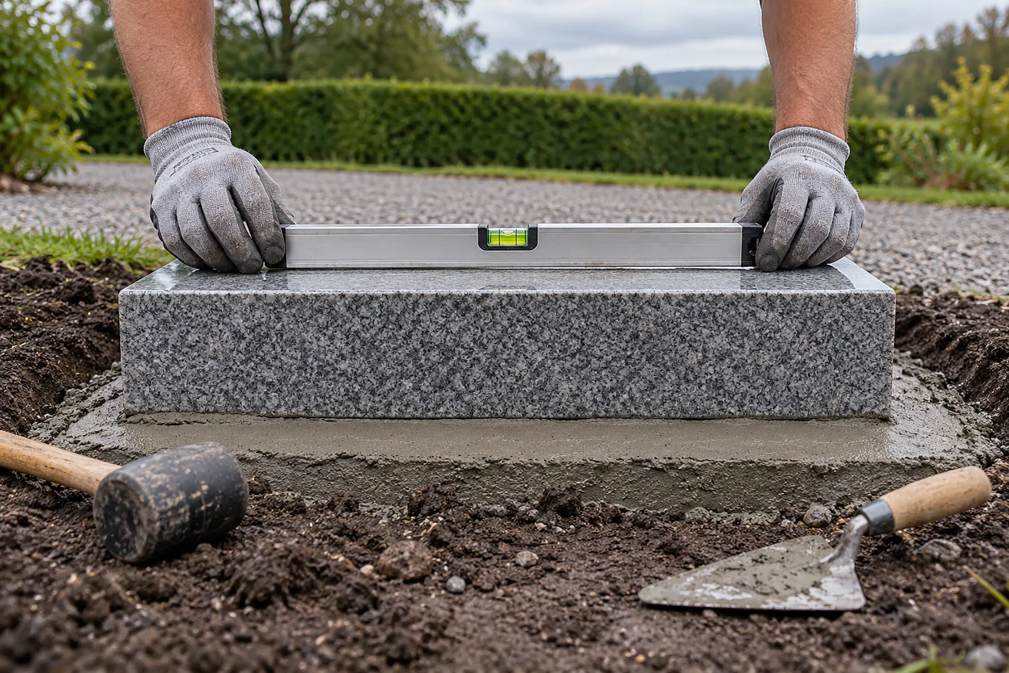 Behandschuhte Hände legen eine Wasserwaage auf einen Granitsockel über einem frischen Fundament